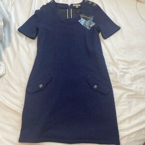 Navy Blue Short Sleeve Dress with Button Accents